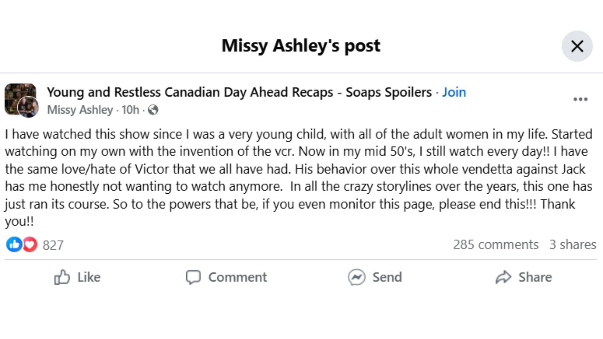 The Original Post by the fan (Image via Facebook/ @Missy Ashley)
